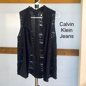 Calvin KLEIN Dark Grey Open Knit Sleeveless Cardigan Vest‎ Sz XS